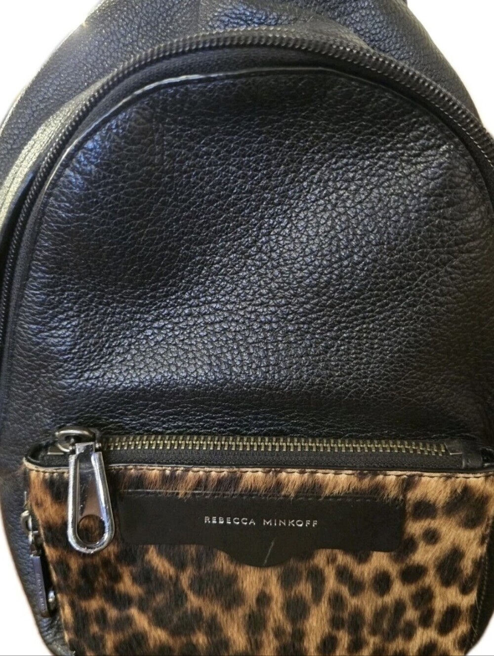 Rebecca Minkoff Black Leather Backpack Leopard Calf Hair Pocket Convertible Bag
